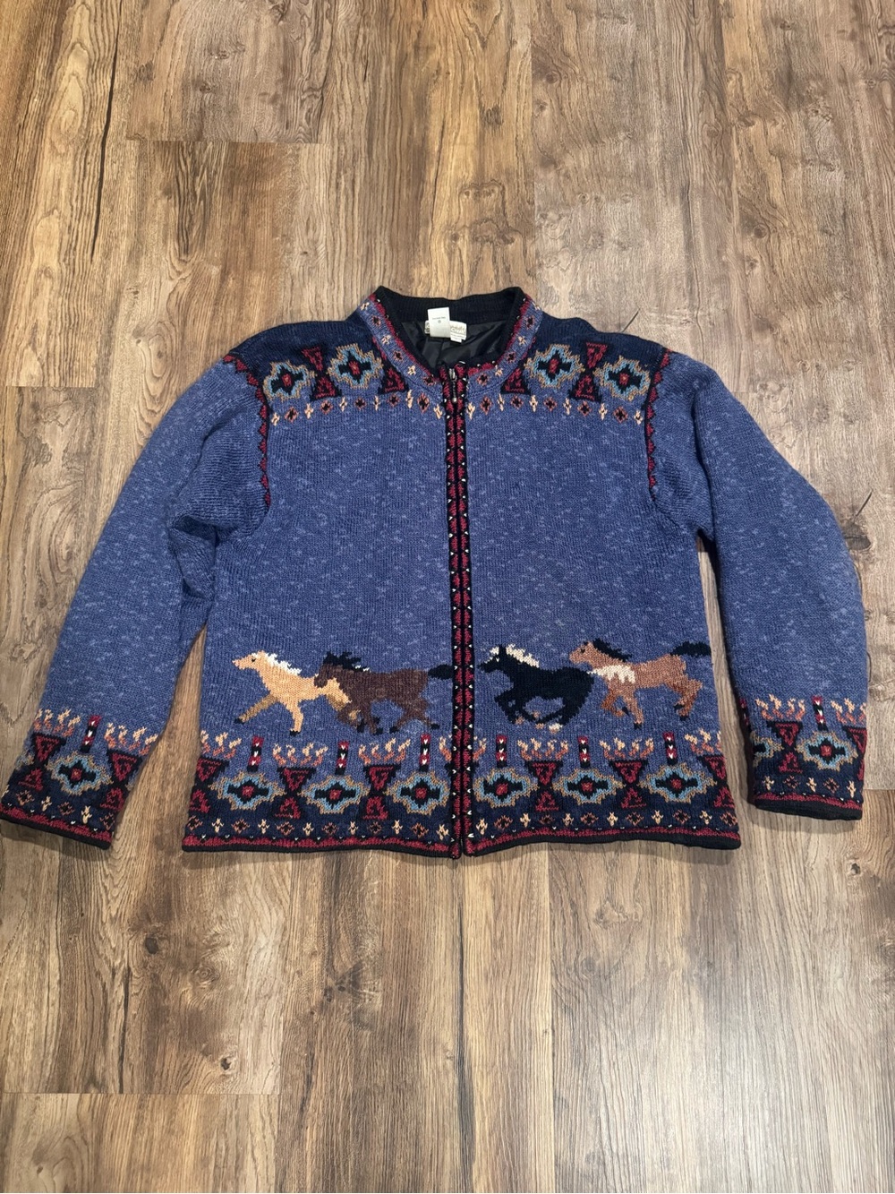Vintage Coldwater Creek Satin Lined Zip Up Equestrian Horse Print Cardigan L